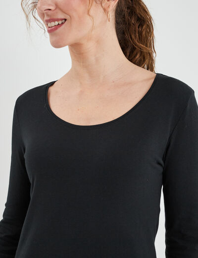 T-shirt coton col rond manches longues noir femme