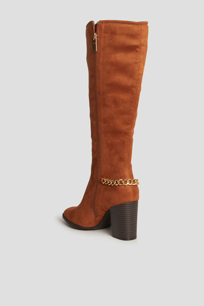 Bottes hautes détails chaînes à talons marron cognac femme