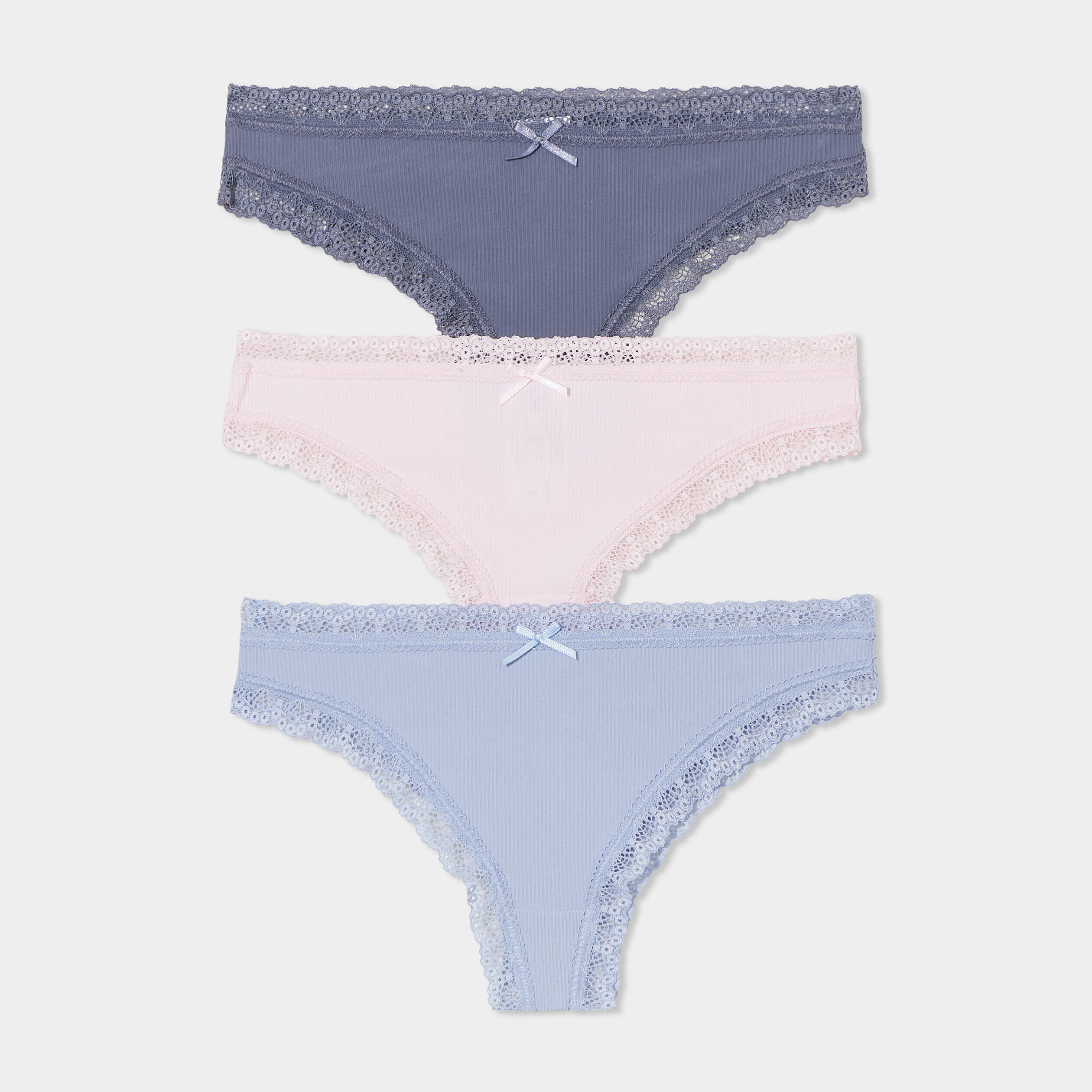 Lot 3 tangas côtelés à dentelle bleu clair femme LH