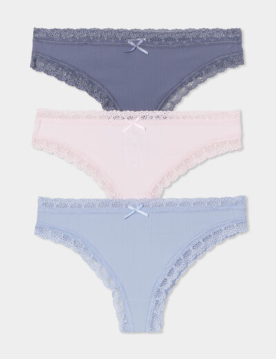 Lot 3 tangas côtelés à dentelle bleu clair femme