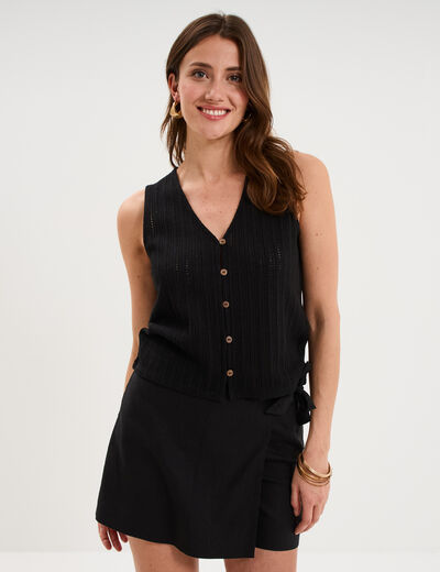 D&eacute;bardeur effet ajour&eacute; col en V noir femme