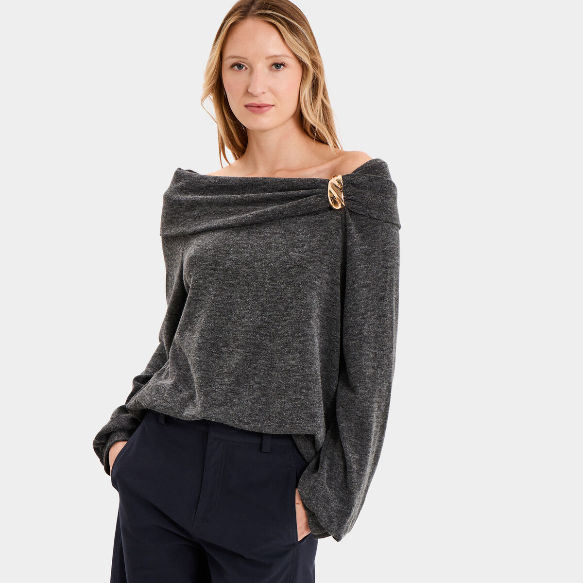 Pull encolure bateau manches longues gris femme