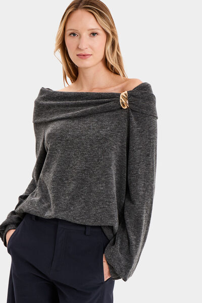 Pull encolure bateau manches longues gris femme