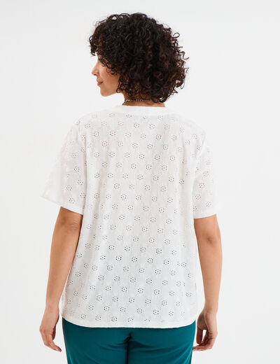 T-shirt broderie anglaise col tunisien blanc femme