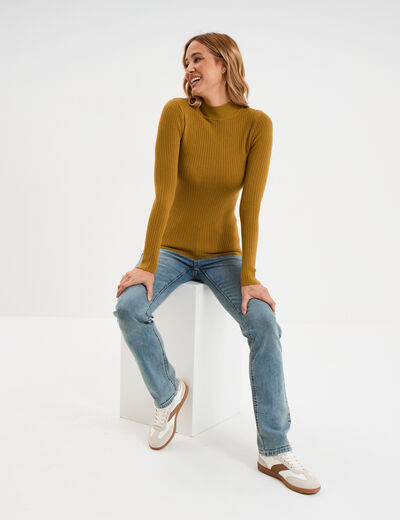 Pull ajusté côtelé col montant vert olive femme