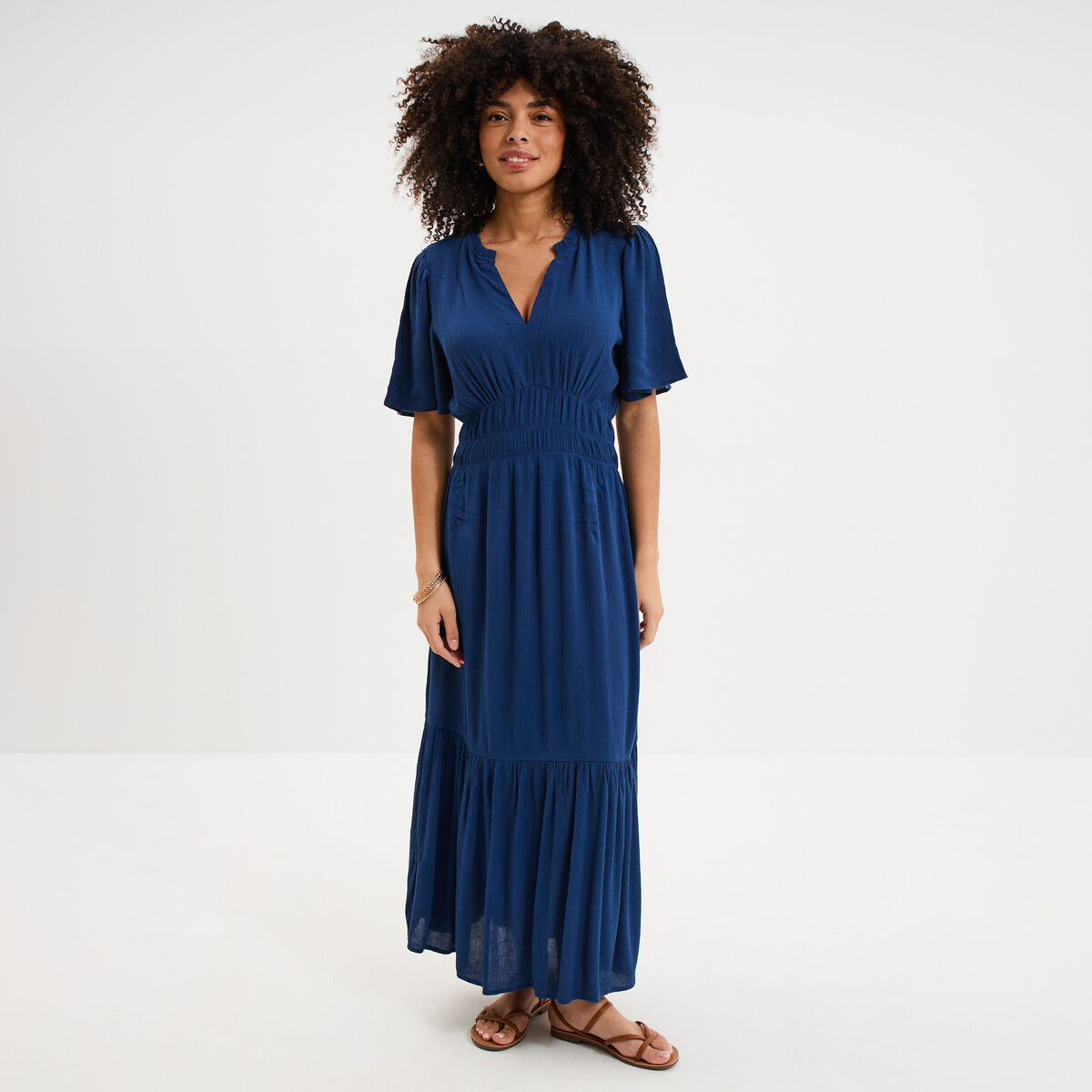Robe longue col tunisien manches courtes bleu marine femme