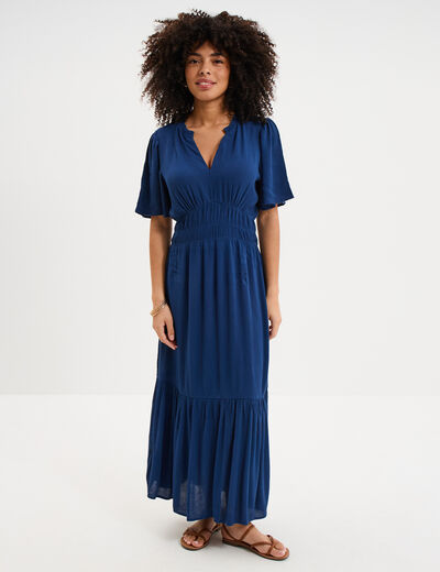 Robe longue col tunisien manches courtes bleu marine femme
