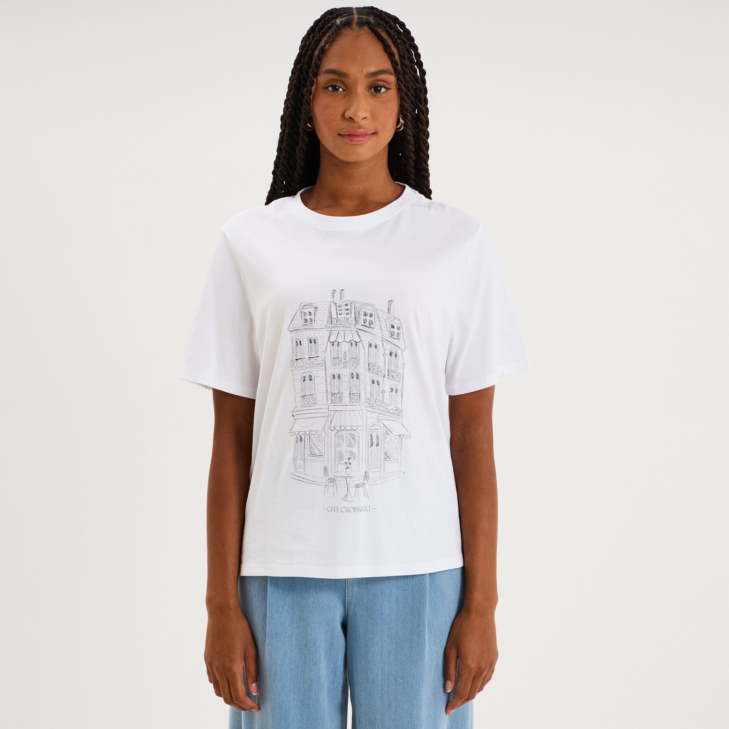 T-shirt col rond manches courtes imprimé blanc femme