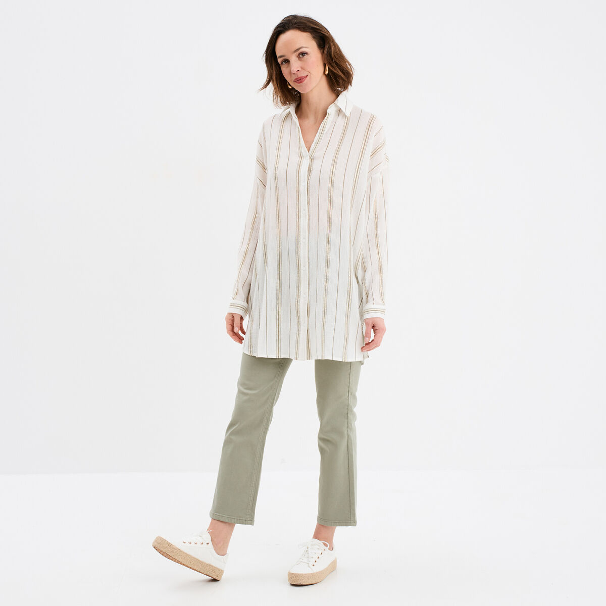 Chemise longue droite coton ecru femme