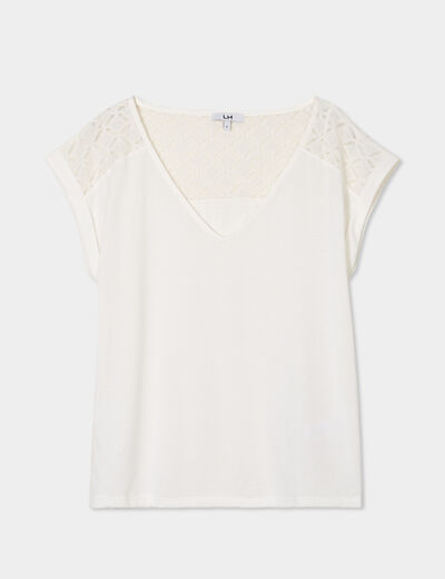 T-shirt col en V dentelle épaules et dos blanc femme