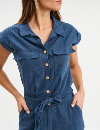 Combinaison pantalon ceinturée lin bleu foncé femme
