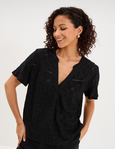 T-shirt broderie anglaise col tunisien noir femme