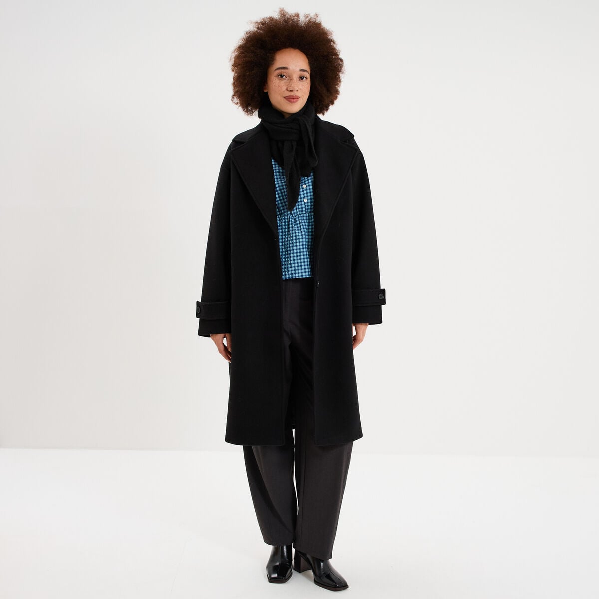 Manteau long oversize col tailleur noir femme