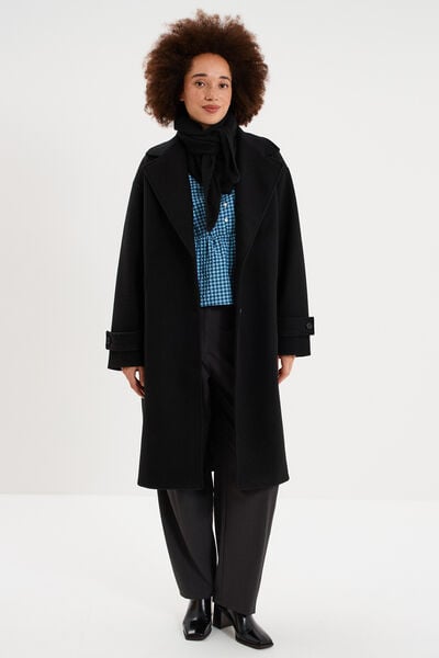 Manteau long oversize col tailleur noir femme