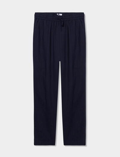 Pantalon droit 7/8&egrave;me lin m&eacute;lang&eacute; bleu fonc&eacute; femme