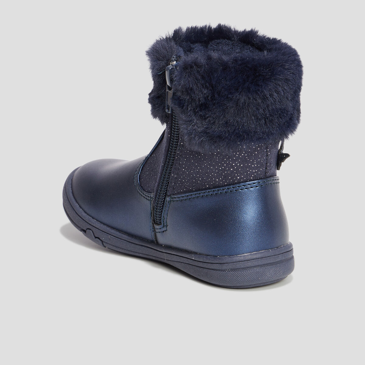 Bottines &agrave; paillettes et col fourr&eacute; bleu marine fille