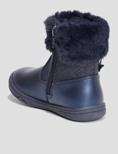 Bottines à paillettes et col fourré bleu marine fille