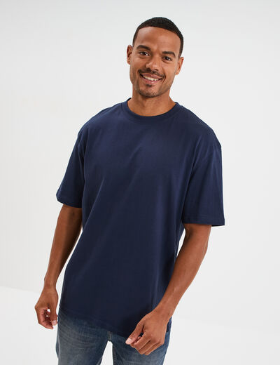 T-shirt col rond coupe relax coton &eacute;pais bleu marine homme