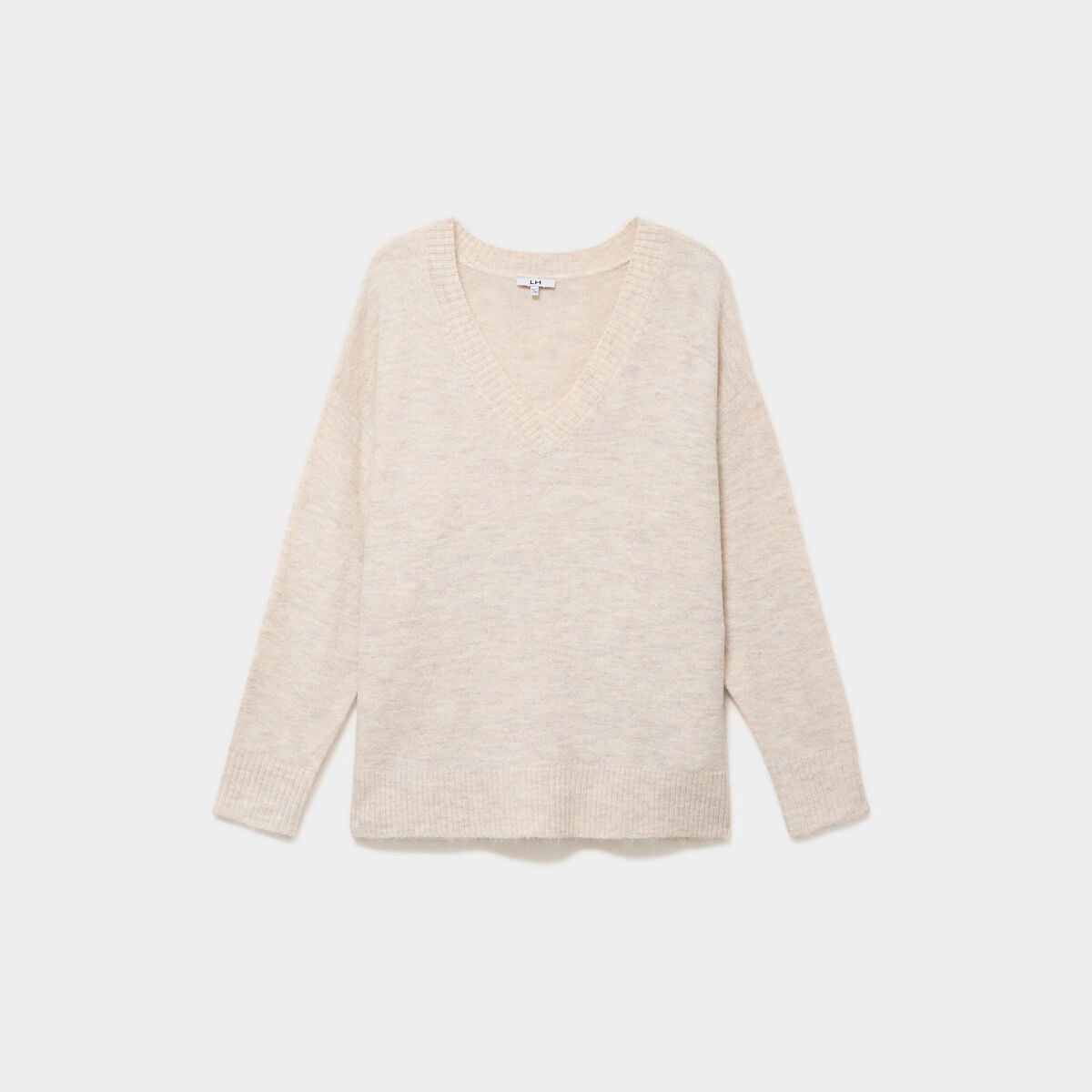 Pull droit col en V manches longues ecru femme grande taille