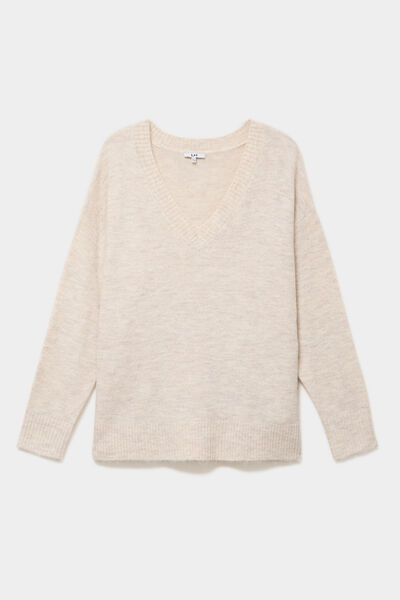 Pull droit col en V manches longues ecru femme grande taille
