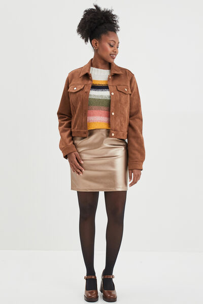 Veste suédine ajustée boutonnée marron foncé femme