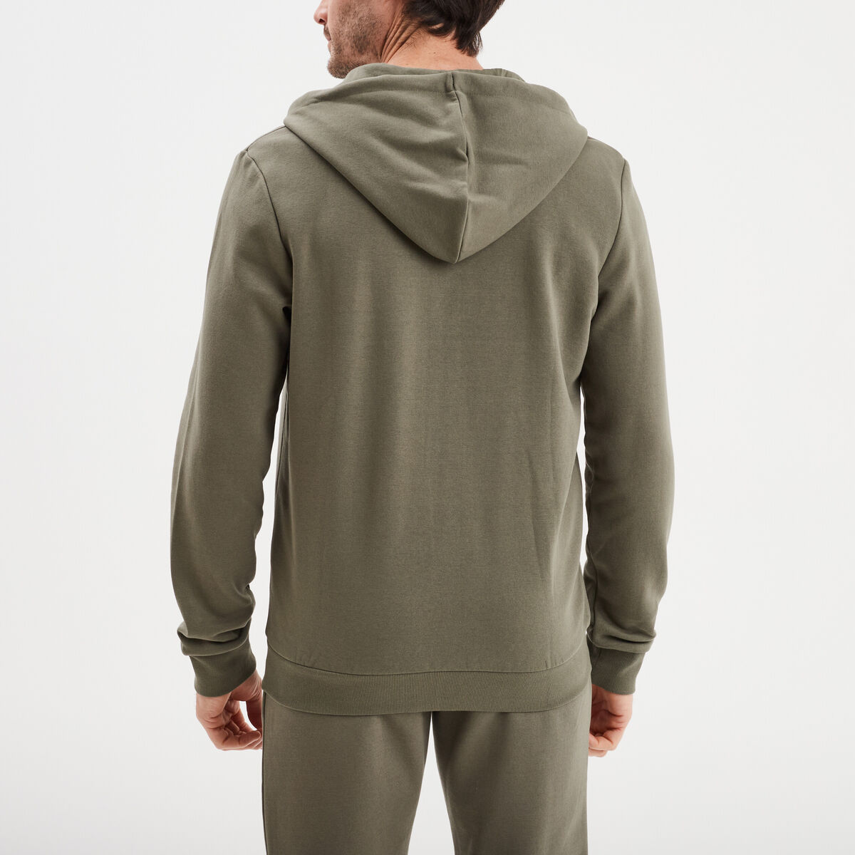 Sweat zipp&eacute; molleton &agrave; capuche vert kaki homme
