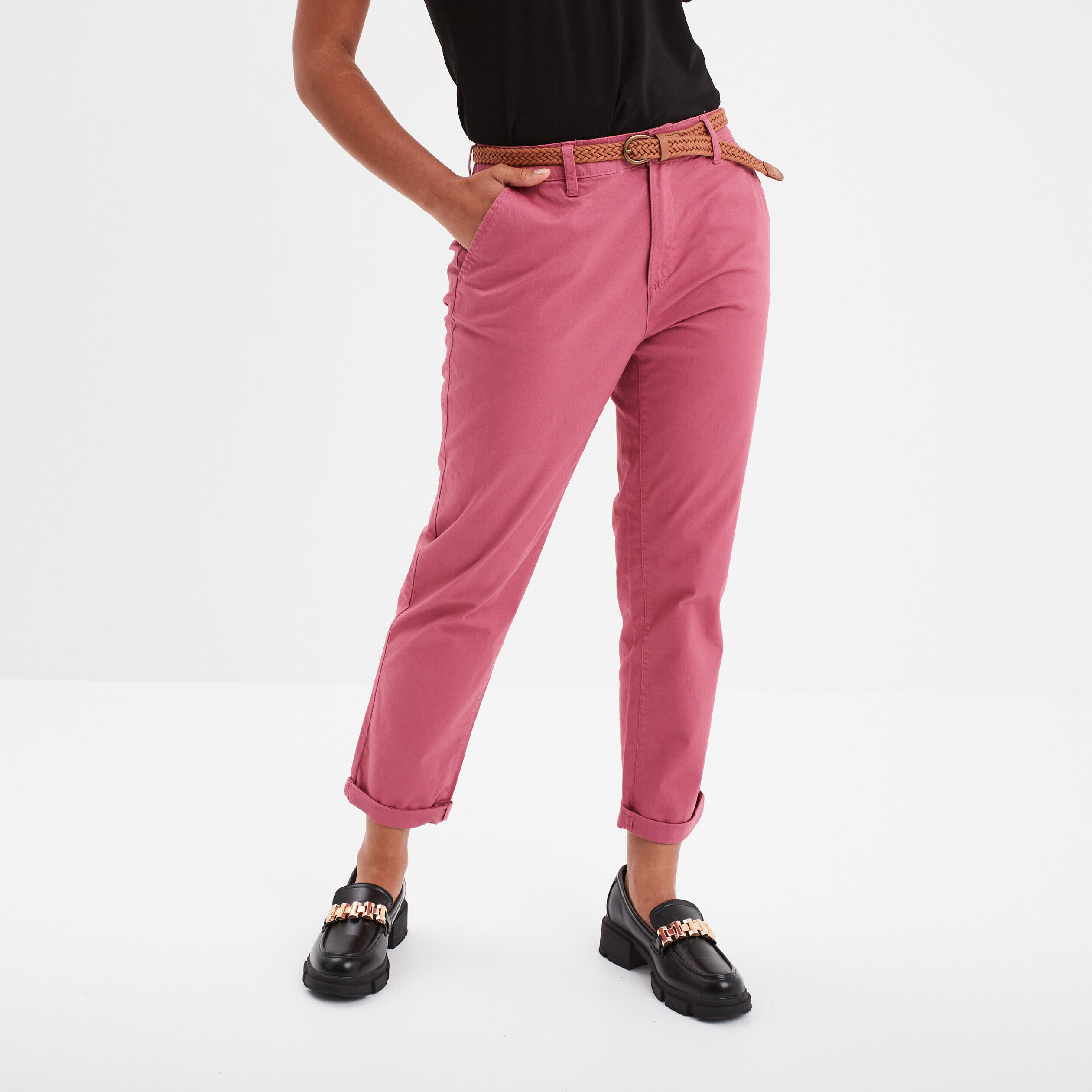 Pantalon chino 7/8ème ceinture tressée vieux rose femme LH
