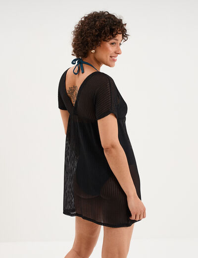 Robe de plage ajour&eacute;e col V noir femme