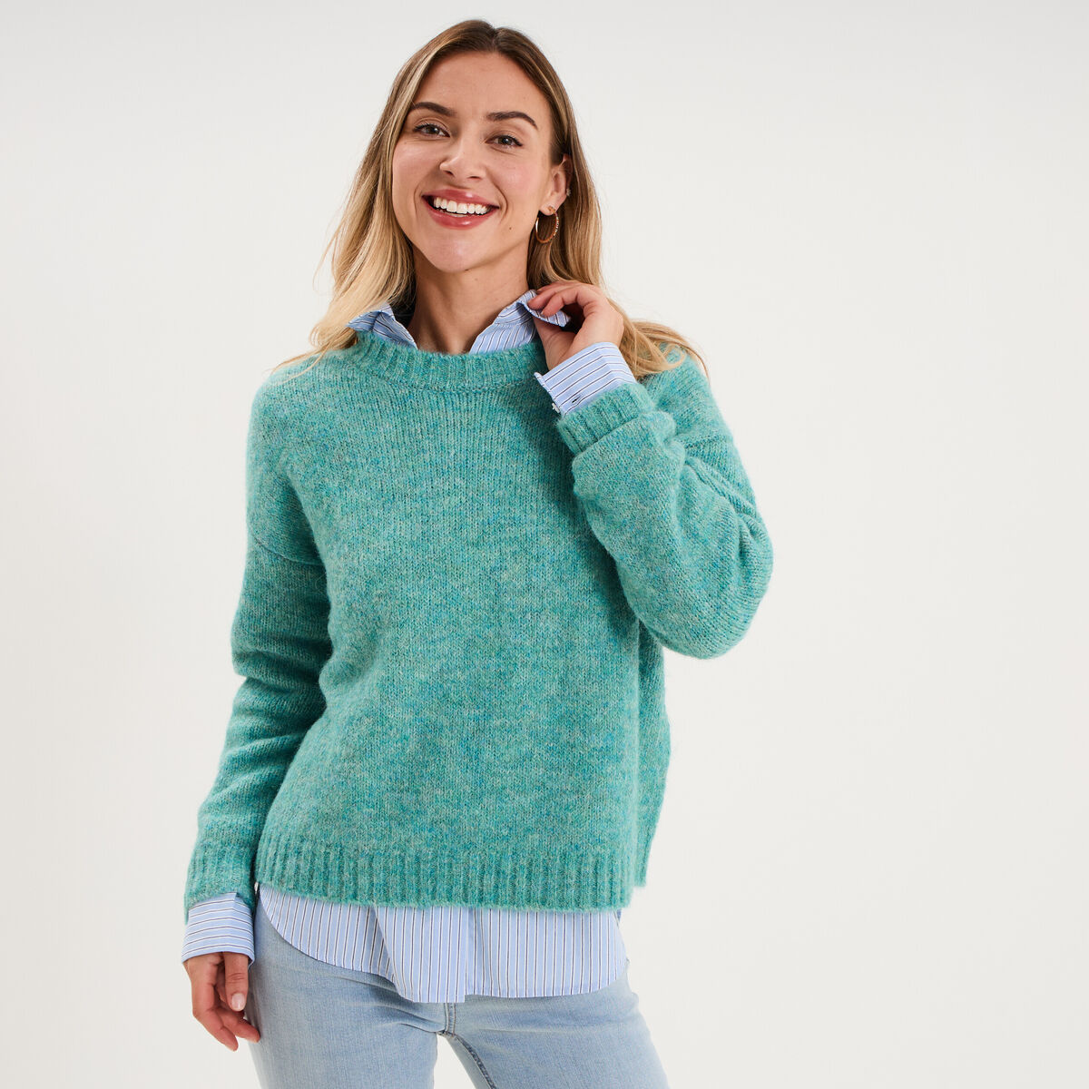 Pull col rond manches longues bleu canard femme