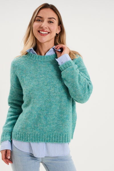 Pull col rond manches longues bleu canard femme