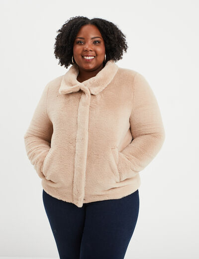 Manteau fausse fourrure col montant beige femme grande taille