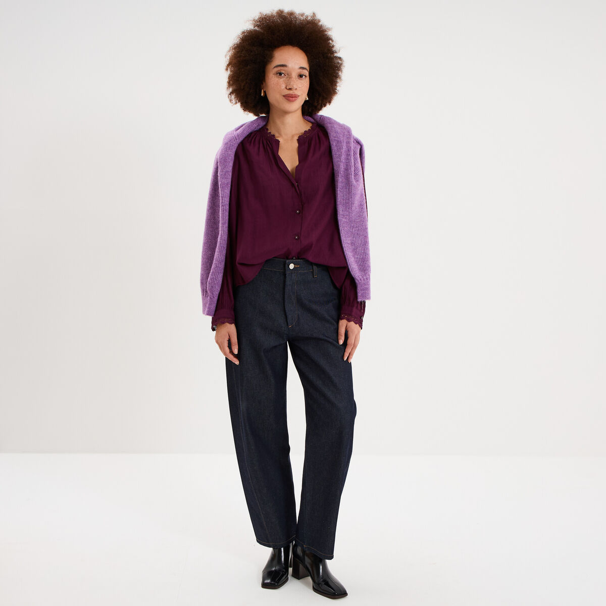 Blouse manches longues col dentelle violet fonc&eacute; femme