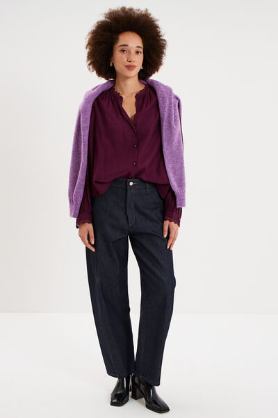 Blouse manches longues col dentelle violet fonc&eacute; femme