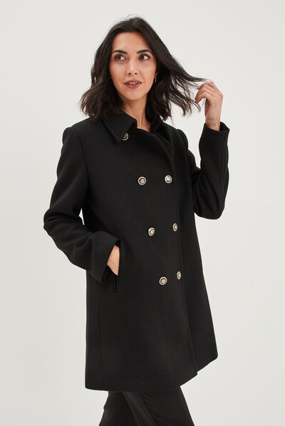 Caban boutonné mi-long noir femme