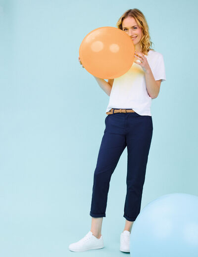 Pantalon chino 7/8ème ceinture tressée bleu marine femme