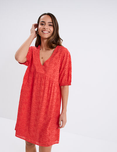 Robe broderie anglaise manches 3/4 rouge femme