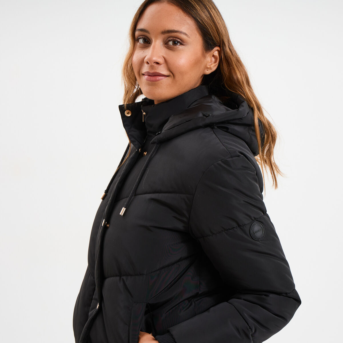 Doudoune doubl&eacute;e capuche fausse fourrure noir femme