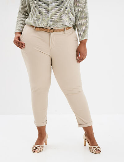 Pantalon chino cigarette ceinturé coton beige femme grande taille