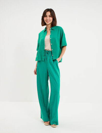 Chemise manches courtes lin m&eacute;lang&eacute; vert canard femme