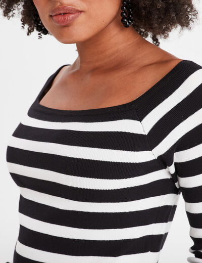 Pull côtelé col carré tricotage en côte noir femme