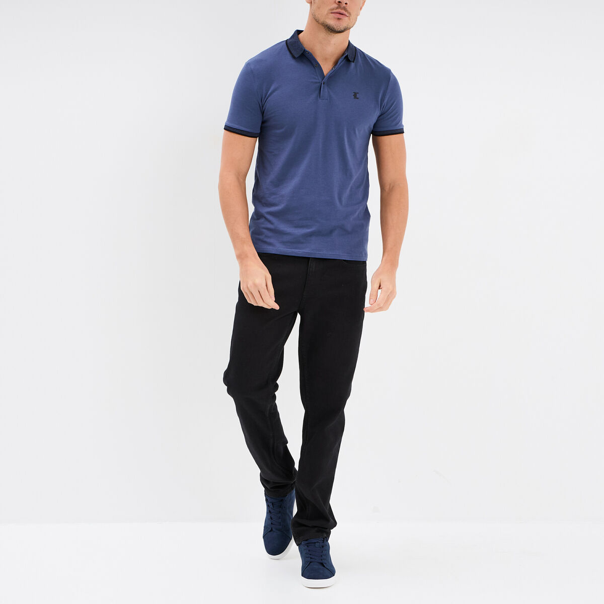 Polo coton stretch droit manches courtes bleu fonc&eacute; homme
