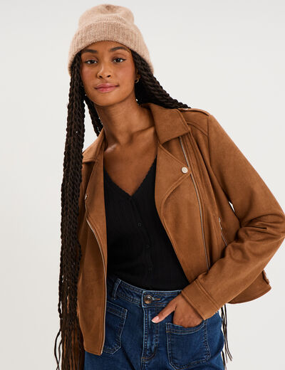 Veste biker effet su&eacute;dine camel femme