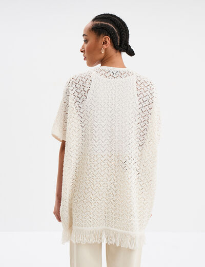 Gilet mi-long ajouré à franges blanc femme