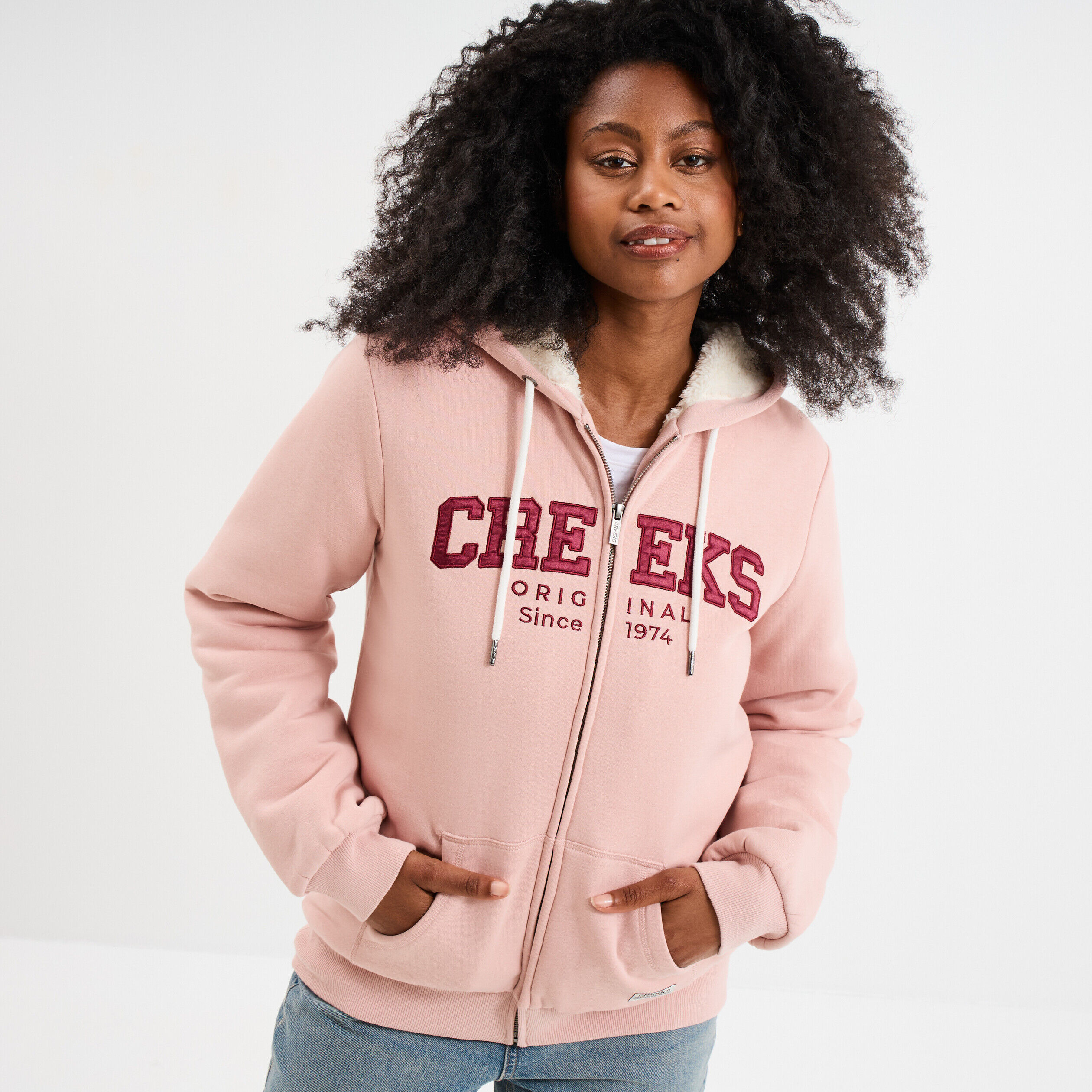 Sweat à capuche doublure effet sherpa rose poudrée femme CREEKS