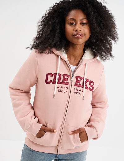 Sweat &agrave; capuche doublure effet sherpa rose poudr&eacute;e femme