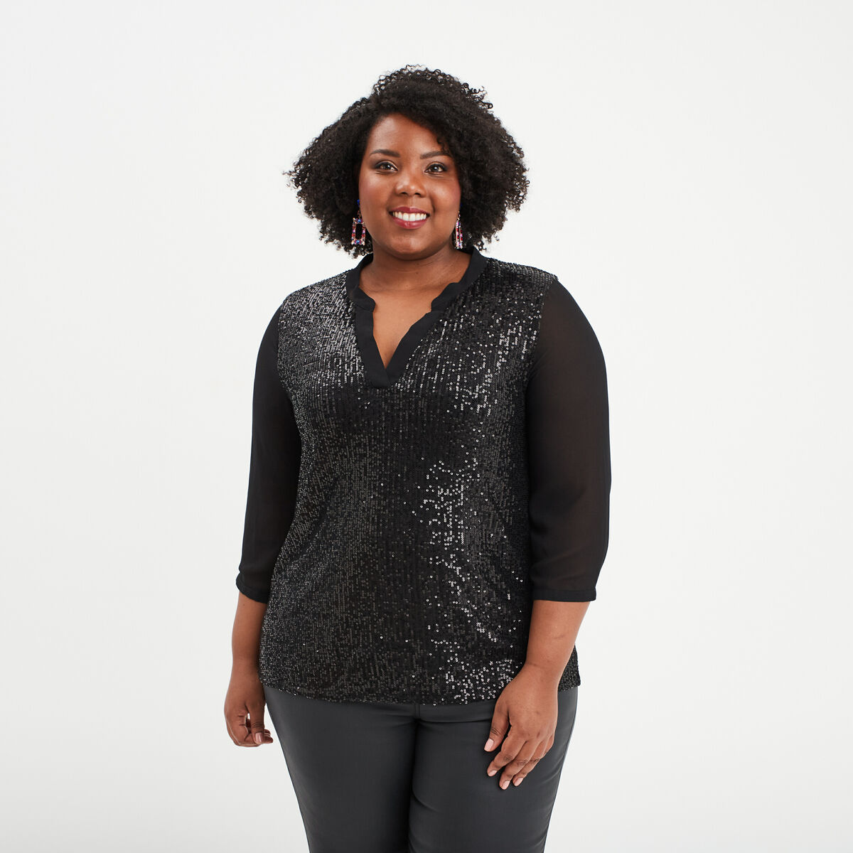 Blouse sequins manches 3/4 transparentes noir femme grande taille