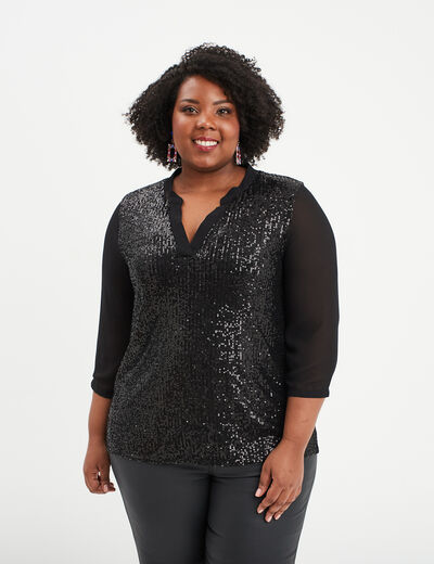 Blouse sequins manches 3/4 transparentes noir femme grande taille