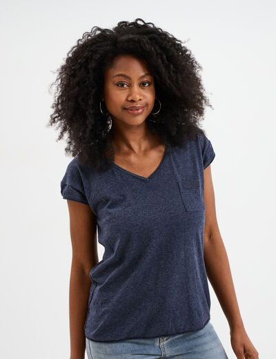 T-shirt col v poche poitrine Creeks bleu marine femme