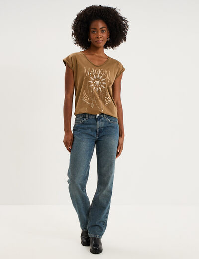 T-shirt coton col en V manches courtes beige femme