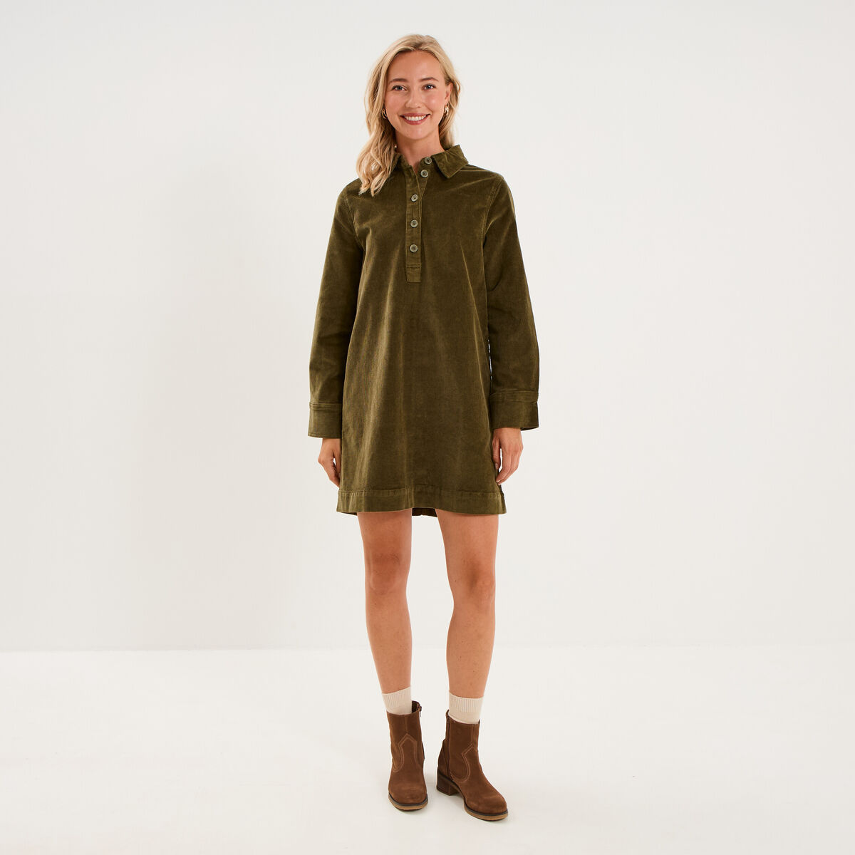 Robe droite velours col chemise vert kaki femme